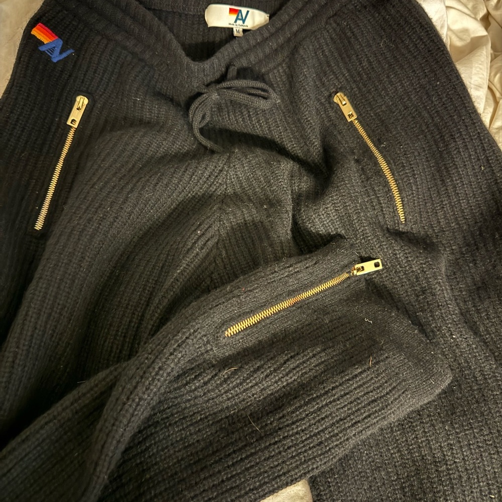 Aviator Nation Black Joggers with Gold Zipper Accents